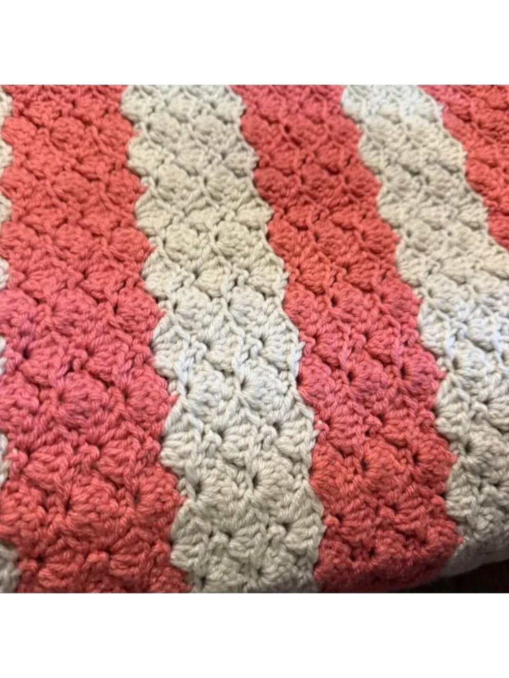 Handmade Crochet Striped Blanket Pink & White w/ Fringe Size Approx 53x72”